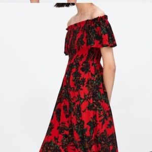 Zara Black and Red Floral Midi Dress Size L